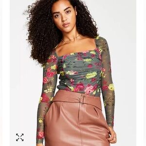 Bar III Mesh Top Sz XXS Square-Neck Floral Print Y2K Rushed Stretch Party Summer